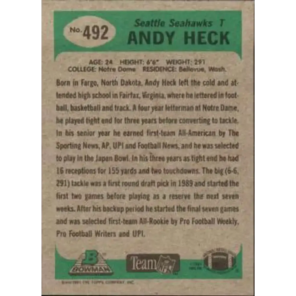 1991 Bowman #492 Andy Heck NM-MT Seattle Seahawks Football Card - Football Card Single