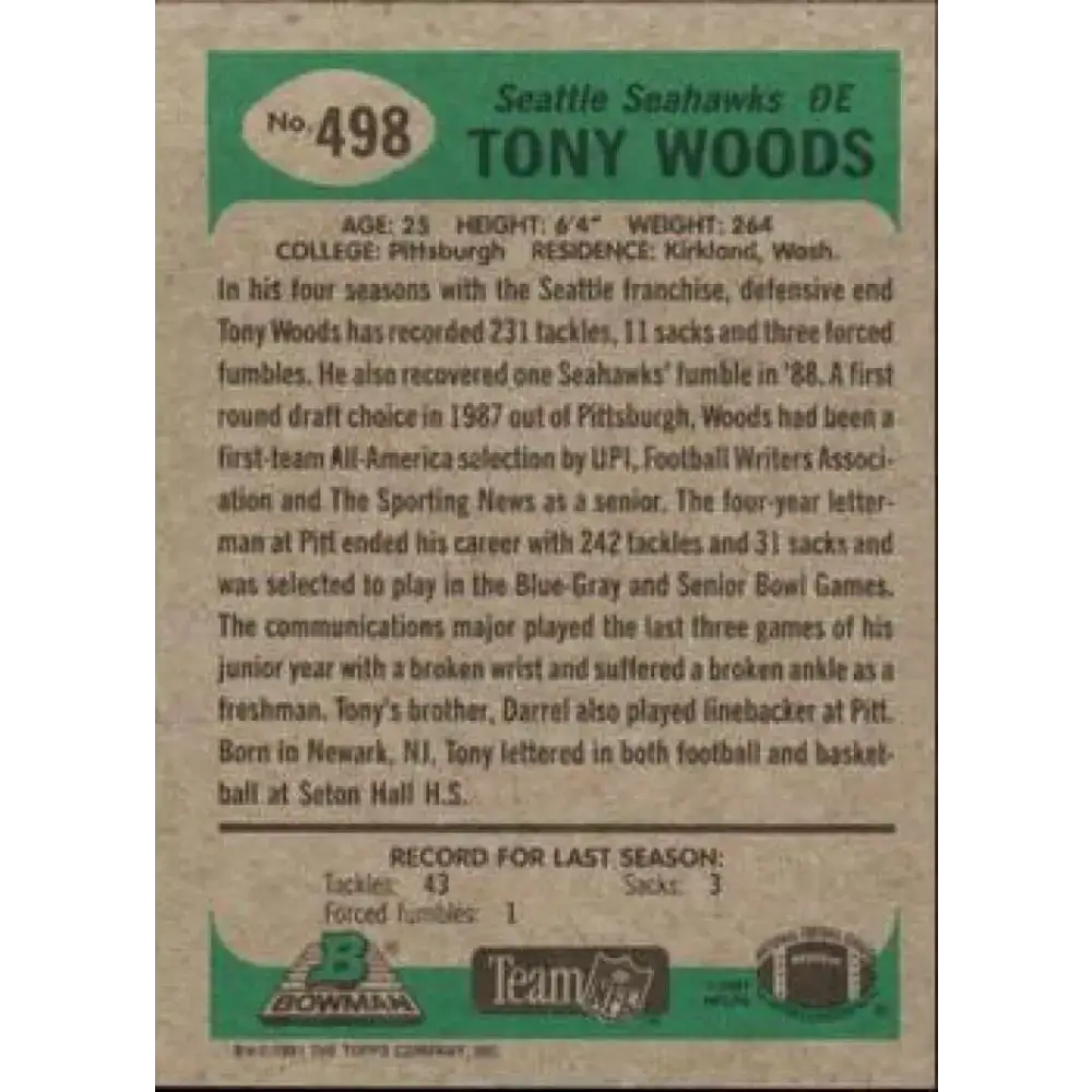 1991 Bowman #498 Tony Woods NM-MT Seattle Seahawks Football Card - Football Card Single
