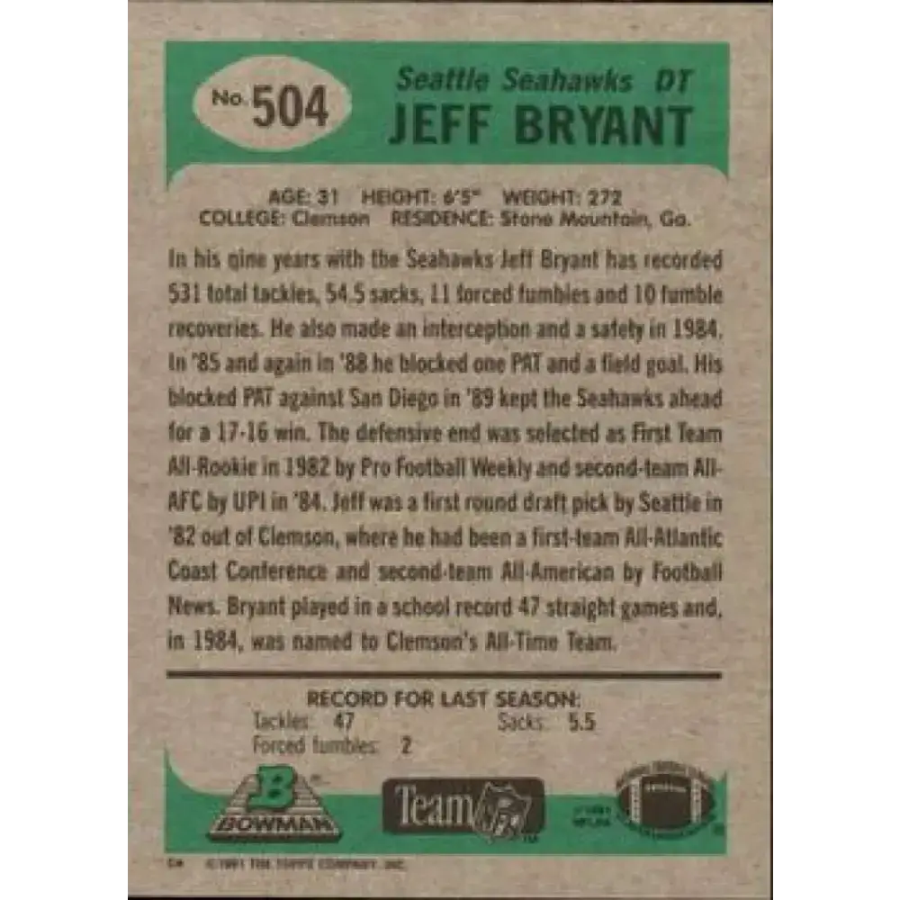 1991 Bowman #504 Jeff Bryant NM-MT Seattle Seahawks Football Card - Football Card Single