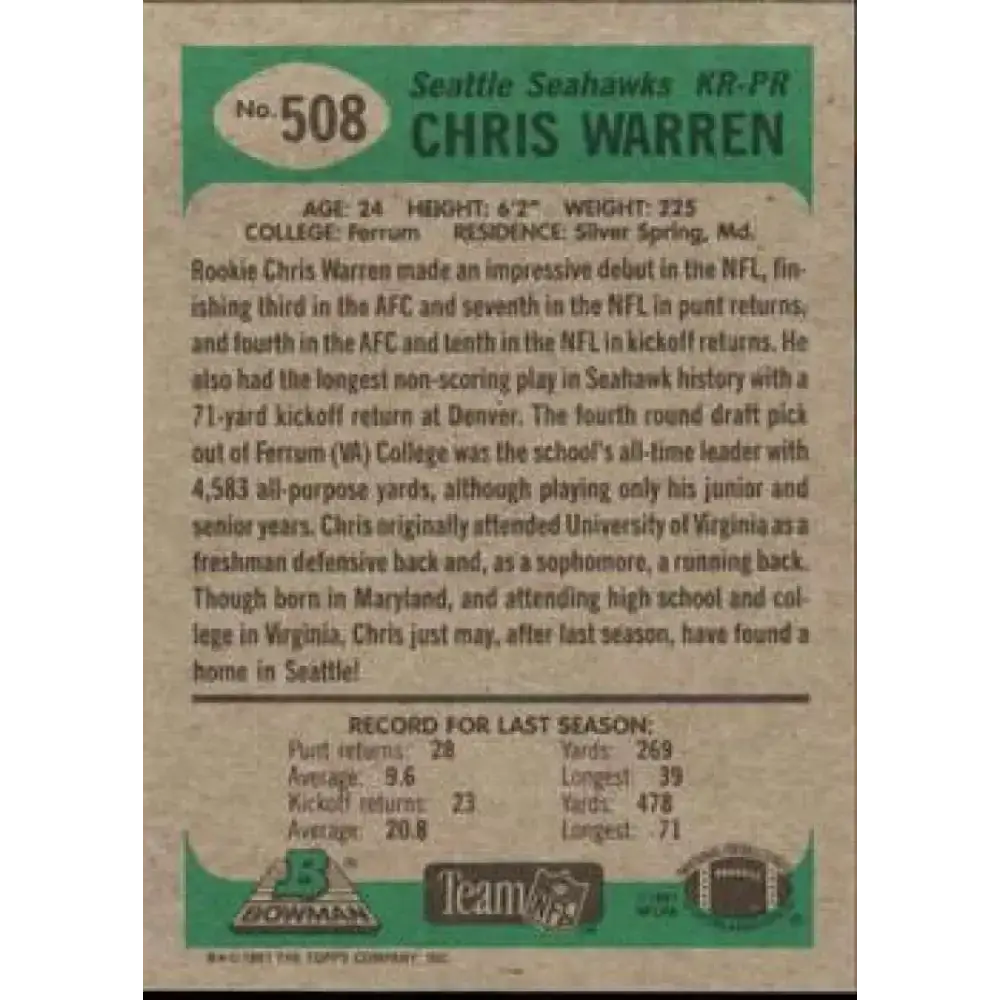 1991 Bowman #508 Chris Warren NM-MT Seattle Seahawks Football Card - Football Card Single