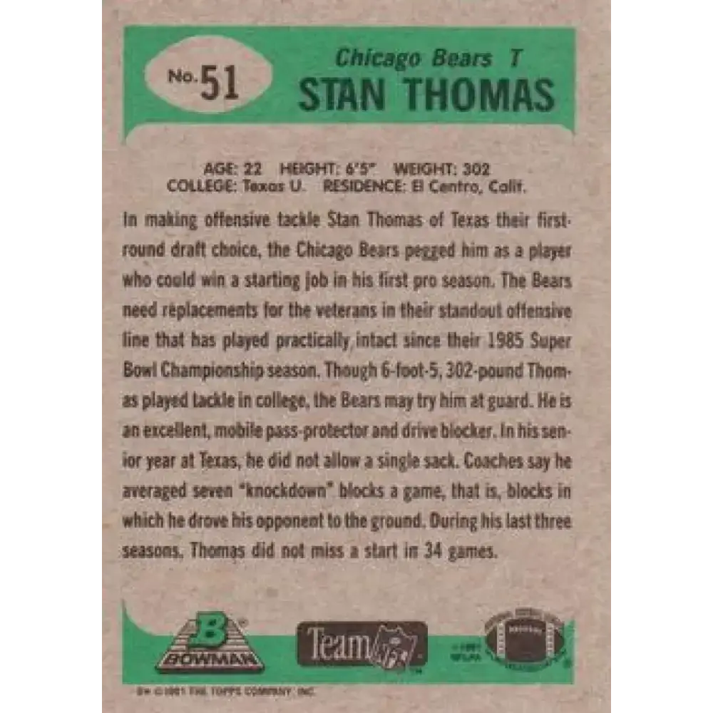 1991 Bowman #51 Stan Thomas NM-MT Chicago Bears Football Card - Football Card Single
