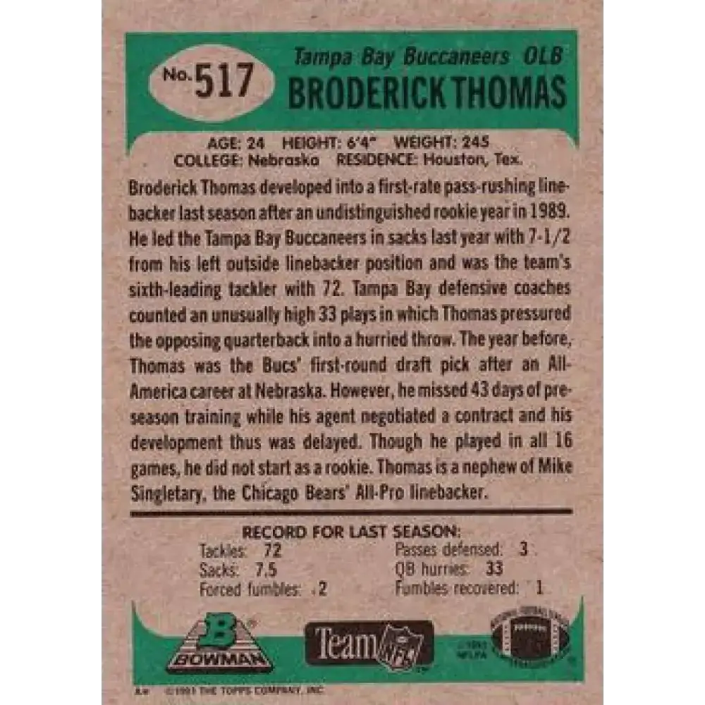 1991 Bowman #517 Broderick Thomas NM-MT Tampa Bay Buccaneers Football Card - Football Card Single