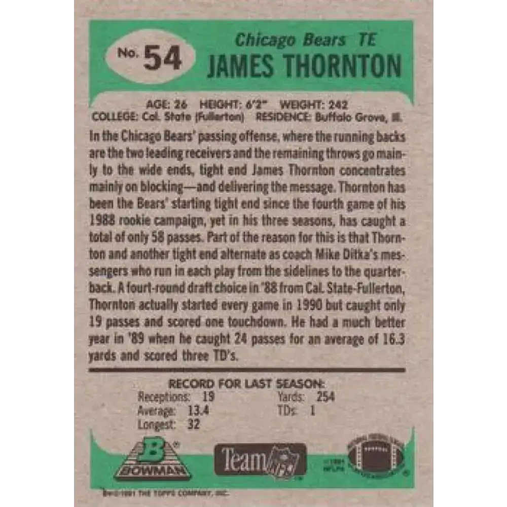 1991 Bowman #54 James Thornton NM-MT Chicago Bears Football Card - Football Card Single