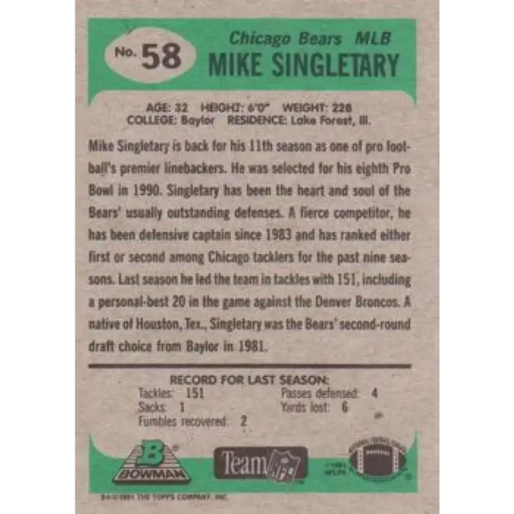 1991 Bowman #58 Mike Singletary NM-MT Chicago Bears Football Card - Football Card Single