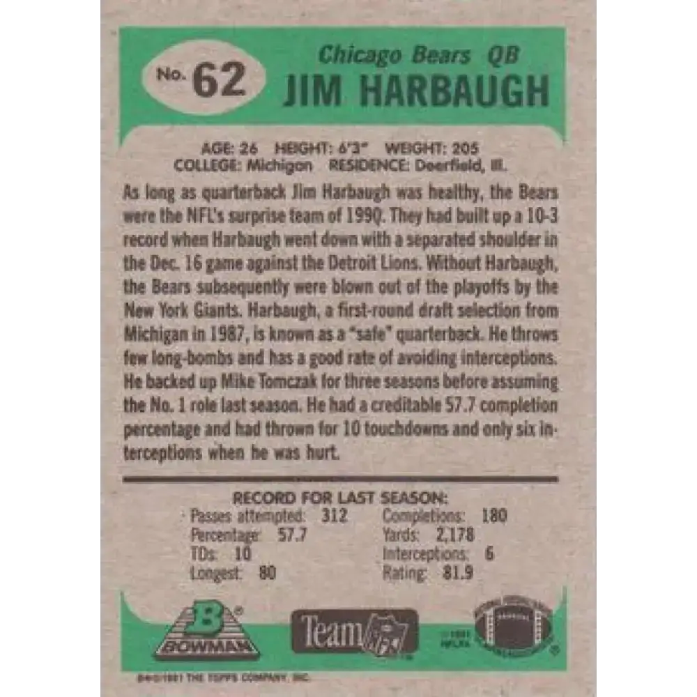 1991 Bowman #62 Jim Harbaugh NM-MT Chicago Bears Football Card - Football Card Single