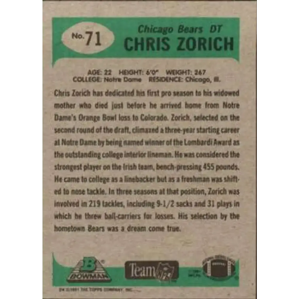1991 Bowman #71 Chris Zorich NM-MT RC Rookie Chicago Bears Football Card - Football Card Single