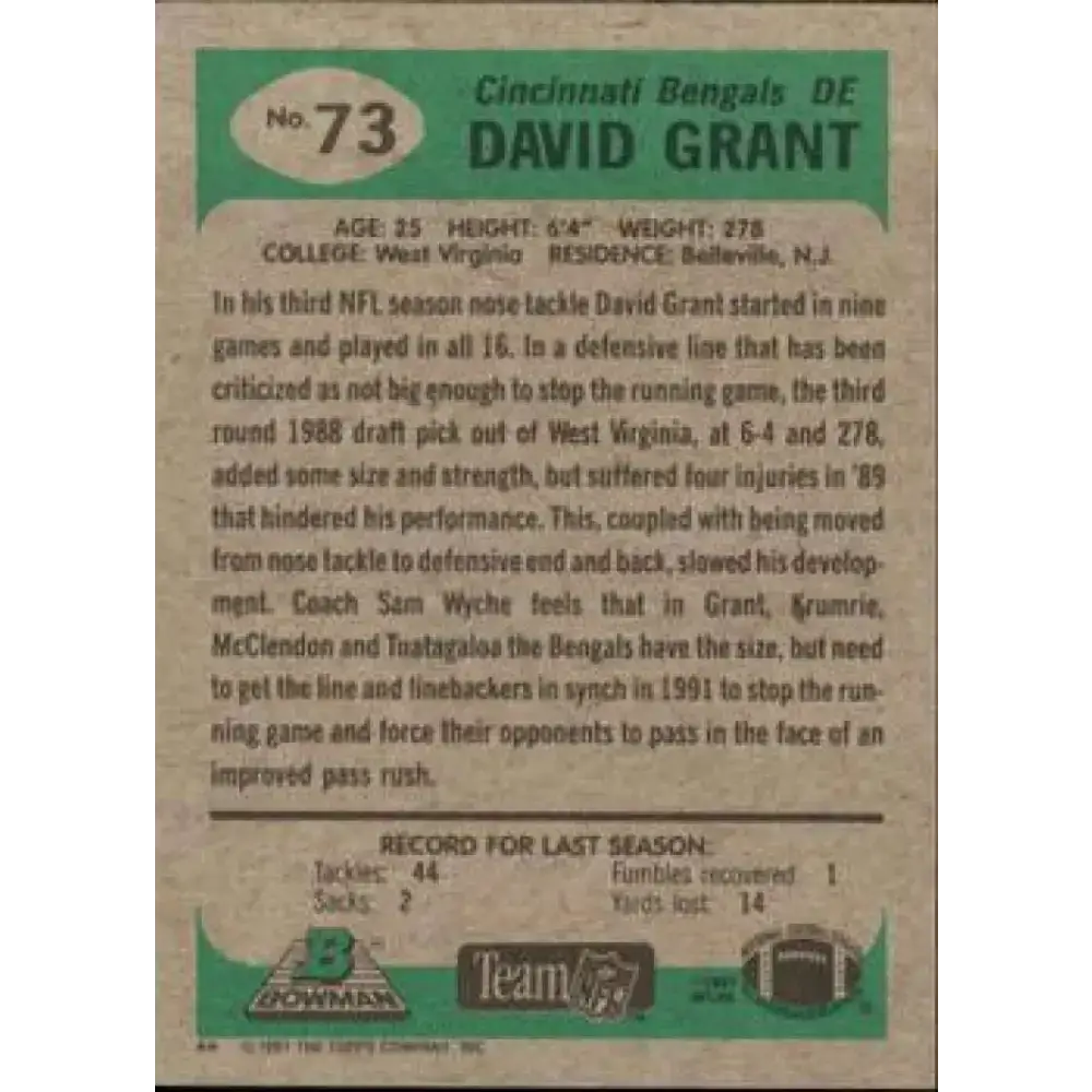 1991 Bowman #73 David Grant NM-MT Cincinnati Bengals Football Card - Football Card Single