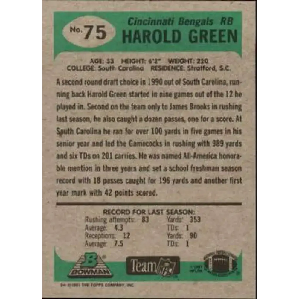 1991 Bowman #75 Harold Green NM-MT Cincinnati Bengals Football Card - Football Card Single