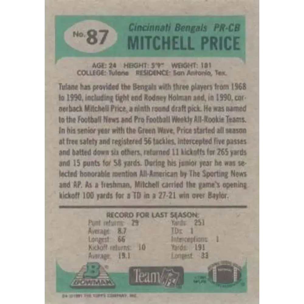 1991 Bowman #87 Mitchell Price NM-MT RC Rookie Cincinnati Bengals Football Card - Football Card Single