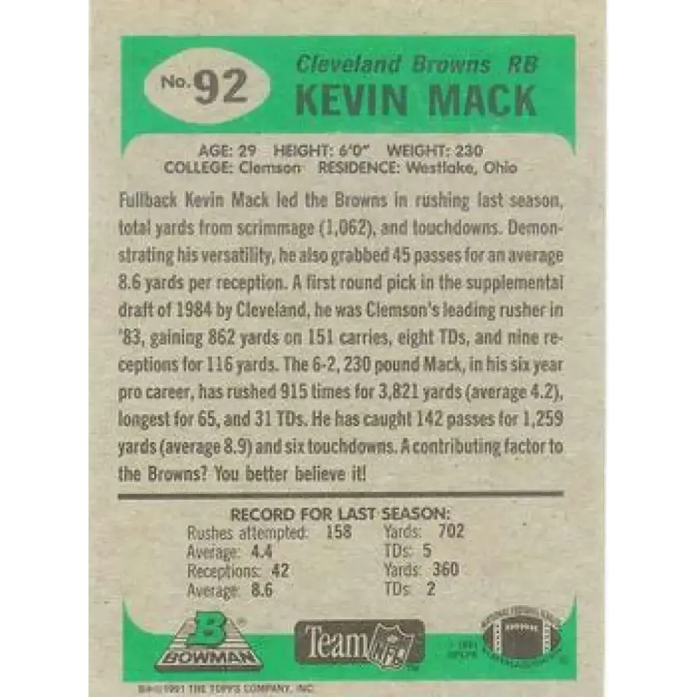 1991 Bowman #92 Kevin Mack NM-MT Cleveland Browns Football Card - Football Card Single