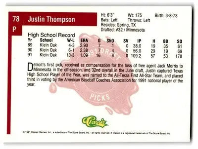 1991 Classic Four Sport #78 Justin Thompson - Baseball Card Single