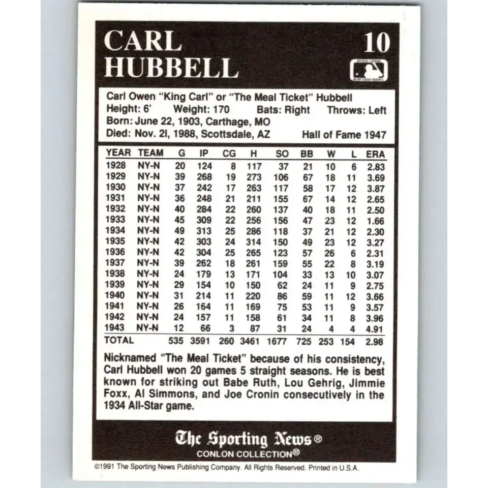 1991 Conlon Collection #10 Carl Hubbell EX Excellent New York Giants Baseball Card - Baseball Card Single