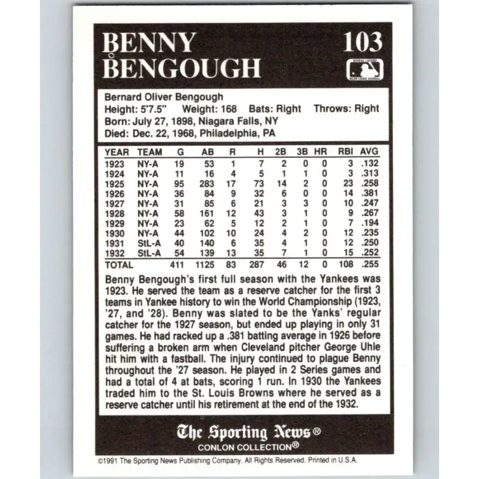 1991 Conlon Collection #103 Benny Bengough EX Excellent New York Yankees Baseball Card - Baseball Card Single