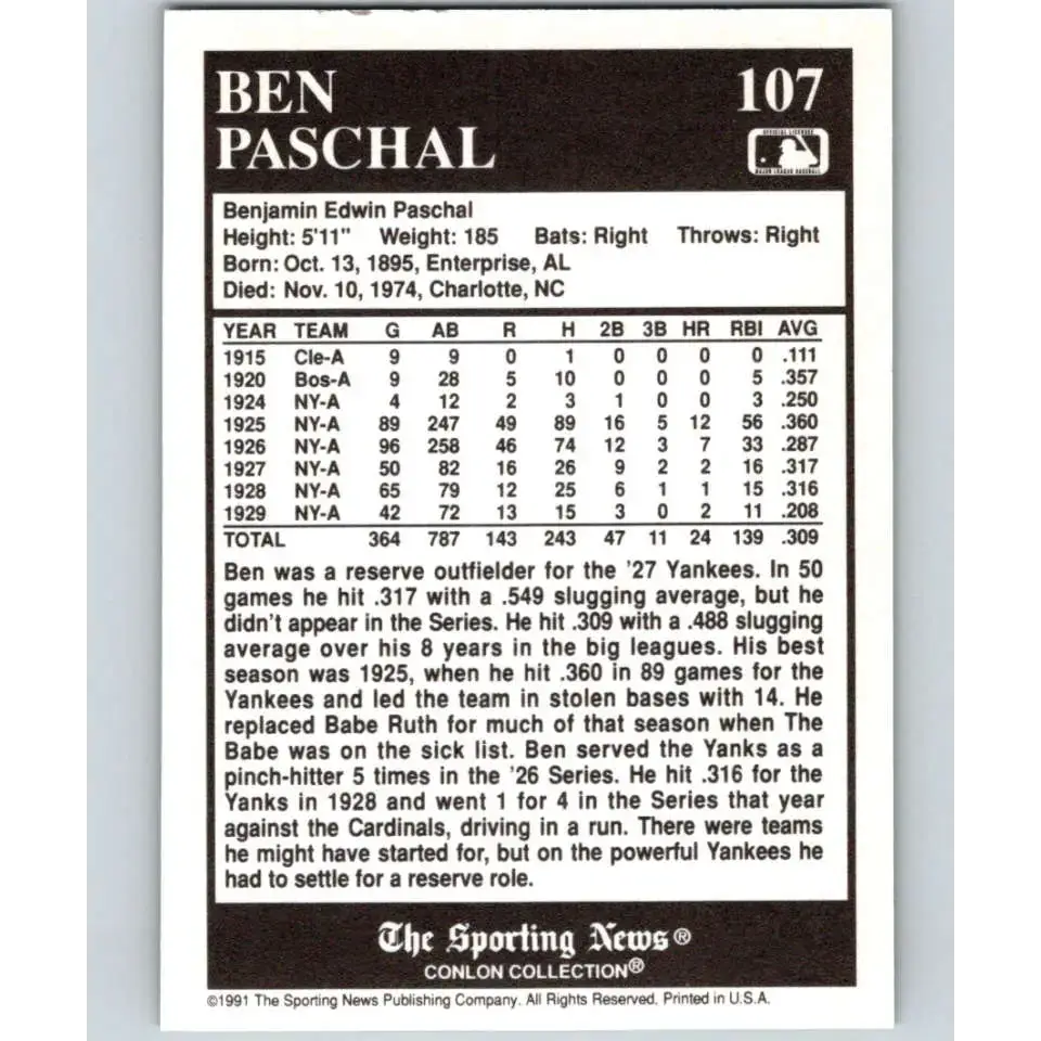 1991 Conlon Collection #107 Ben Paschal EX Excellent New York Yankees Baseball Card - Baseball Card Single