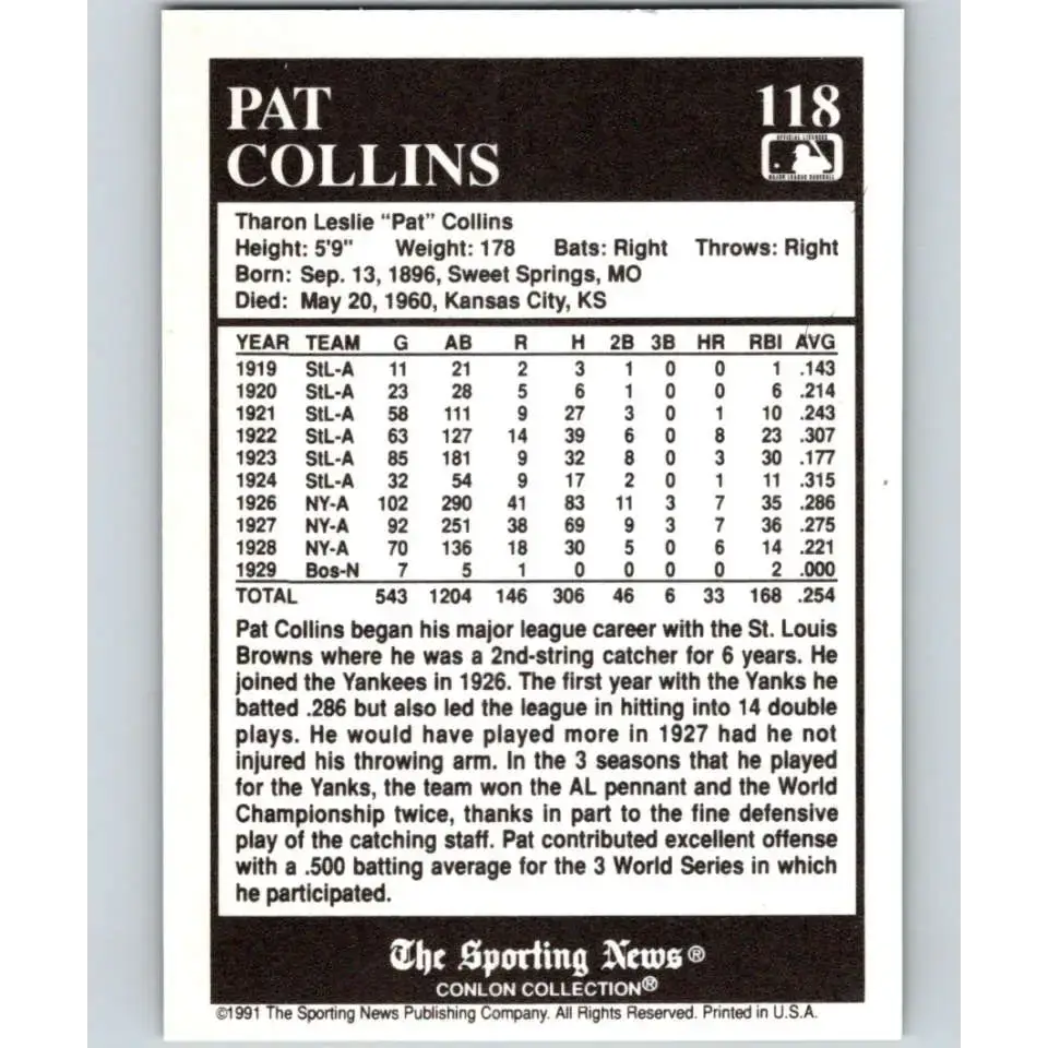 1991 Conlon Collection #118 Pat Collins EX Excellent New York Yankees Baseball Card - Baseball Card Single