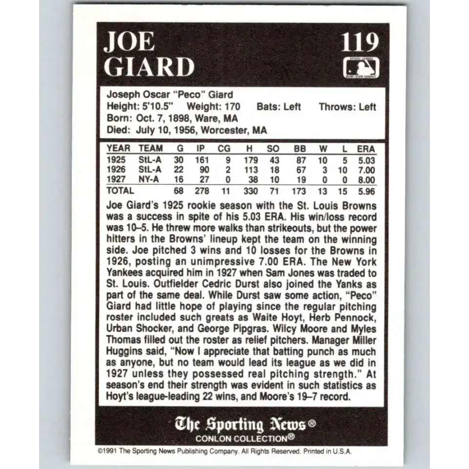 1991 Conlon Collection #119 Joe Giard EX Excellent New York Yankees Baseball Card - Baseball Card Single