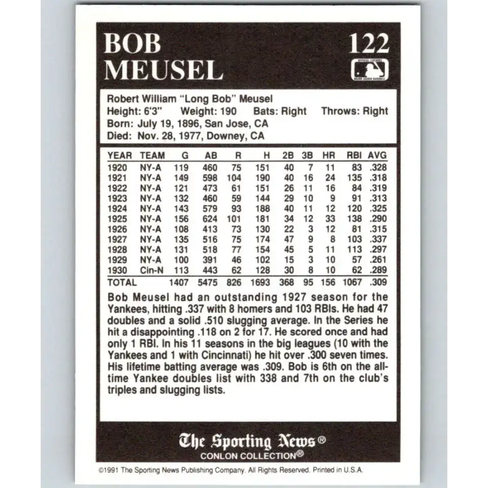 1991 Conlon Collection #122 Bob Meusel EX Excellent New York Yankees Baseball Card - Baseball Card Single