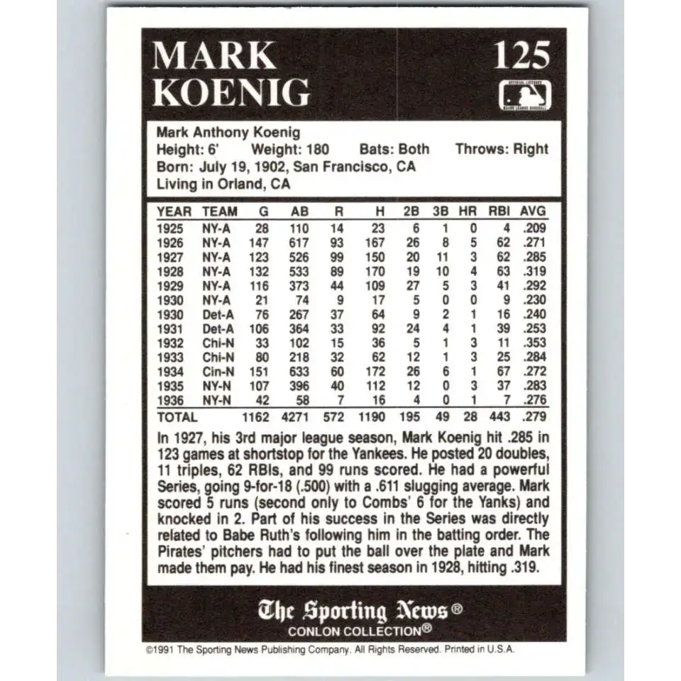 1991 Conlon Collection #125 Mark Koenig EX Excellent New York Yankees Baseball Card - Baseball Card Single