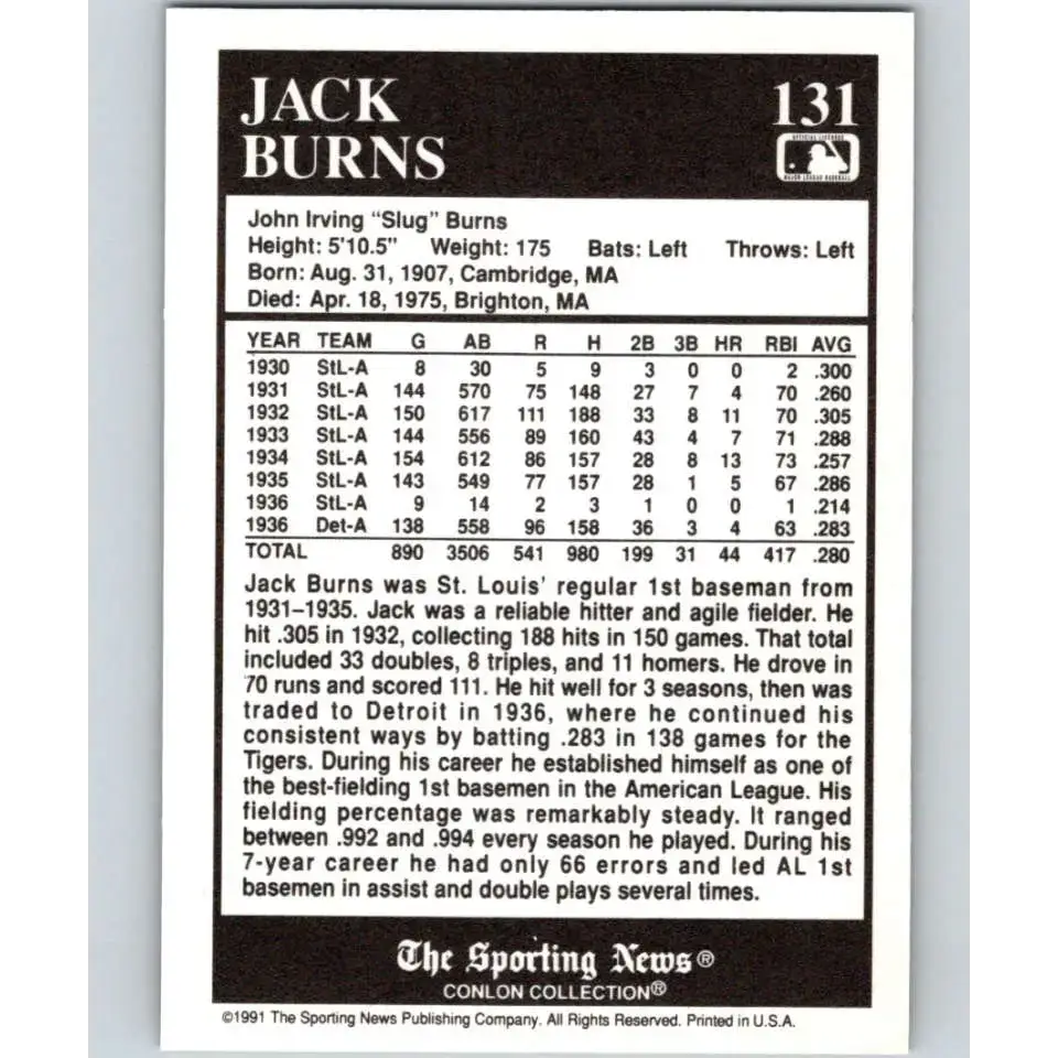 1991 Conlon Collection #131 Jack Burns EX Excellent St. Louis Browns Baseball Card - Baseball Card Single