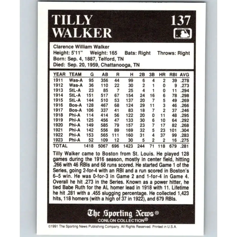 1991 Conlon Collection #137 Tilly Walker EX Excellent Boston Red Sox Baseball Card - Baseball Card Single