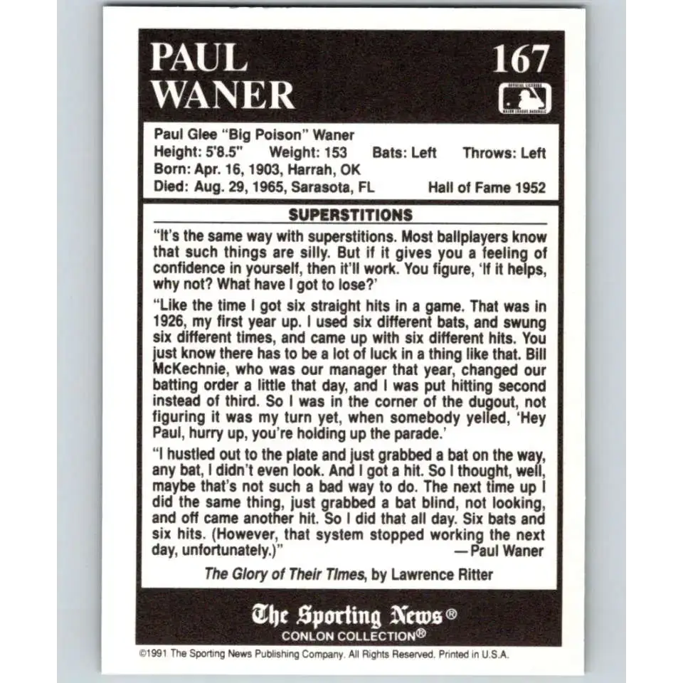 1991 Conlon Collection #167 Paul Waner EX Excellent Pittsburgh Pirates Baseball Card - Baseball Card Single