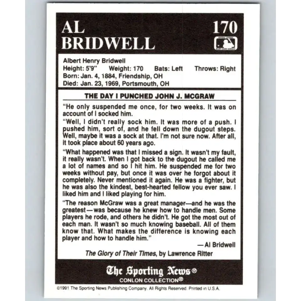 1991 Conlon Collection #170 Al Bridwell EX Excellent New York Giants Baseball Card - Baseball Card Single