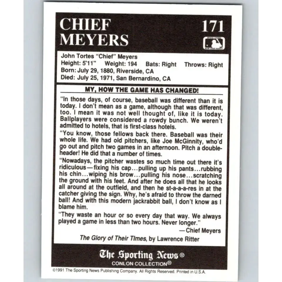 1991 Conlon Collection #171 Chief Meyers EX Excellent New York Giants Baseball Card - Baseball Card Single