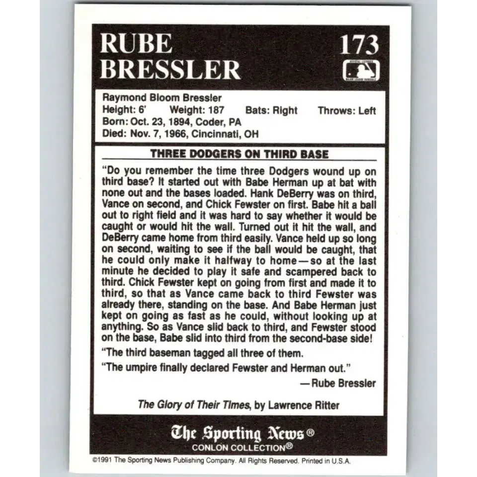 1991 Conlon Collection #173 Rube Bressler EX Excellent Cincinnati Reds Baseball Card - Baseball Card Single