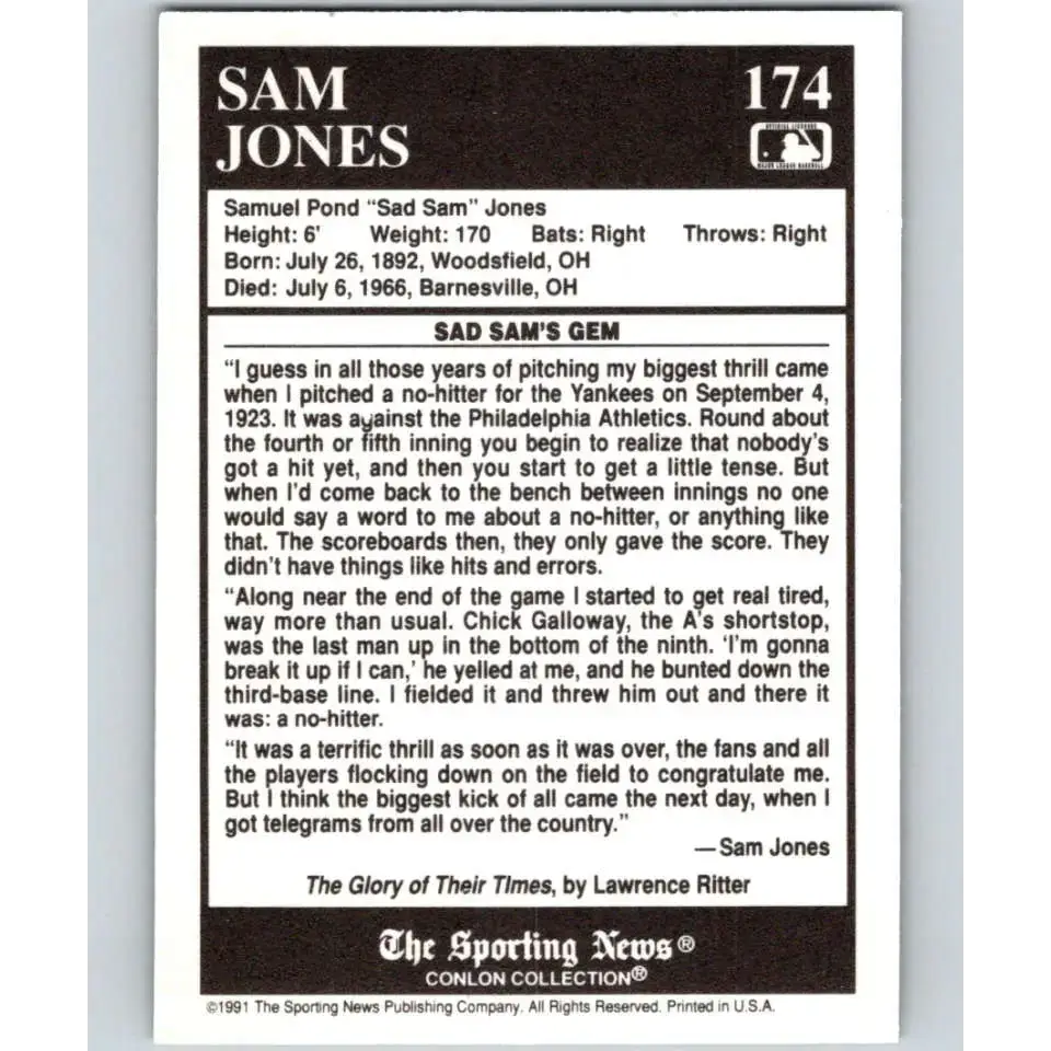 1991 Conlon Collection #174 Sad Sam Jones EX Excellent Washington Senators Baseball Card - Baseball Card Single