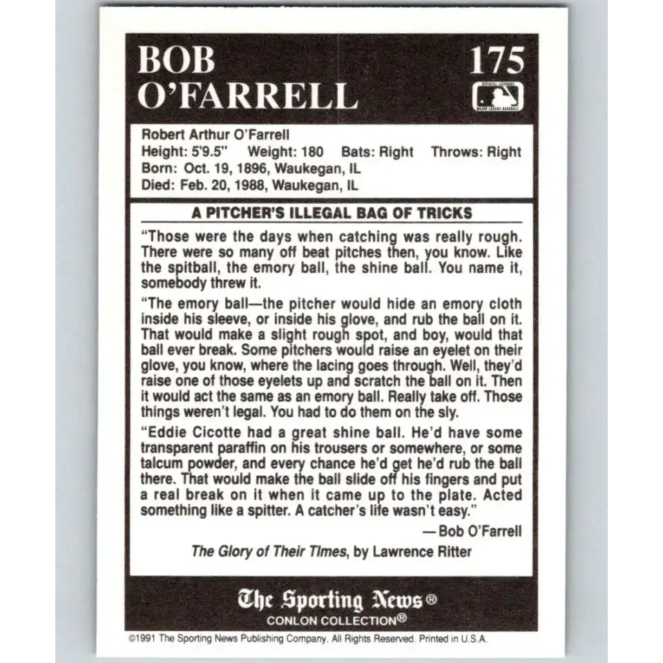 1991 Conlon Collection #175 Bob O’Farrell EX Excellent St. Louis Cardinals Baseball Card - Baseball Card Single