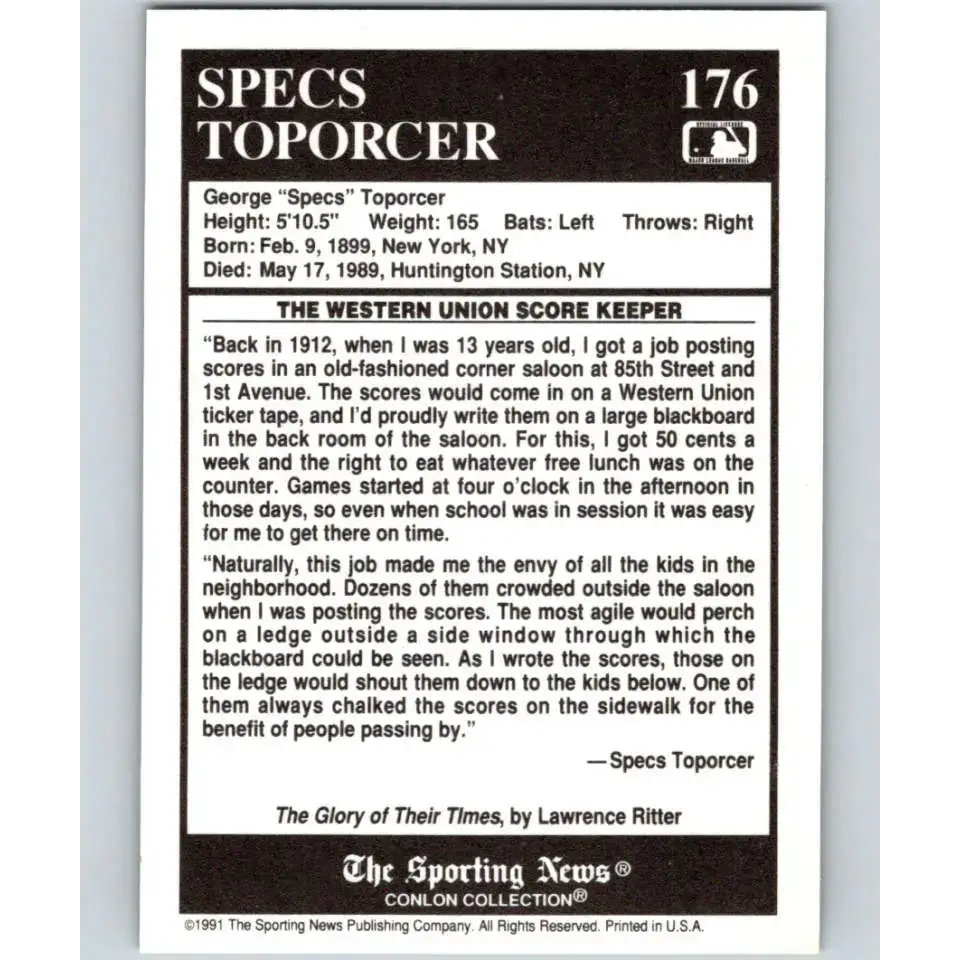 1991 Conlon Collection #176 Specs Toporcer EX Excellent St. Louis Cardinals Baseball Card - Baseball Card Single