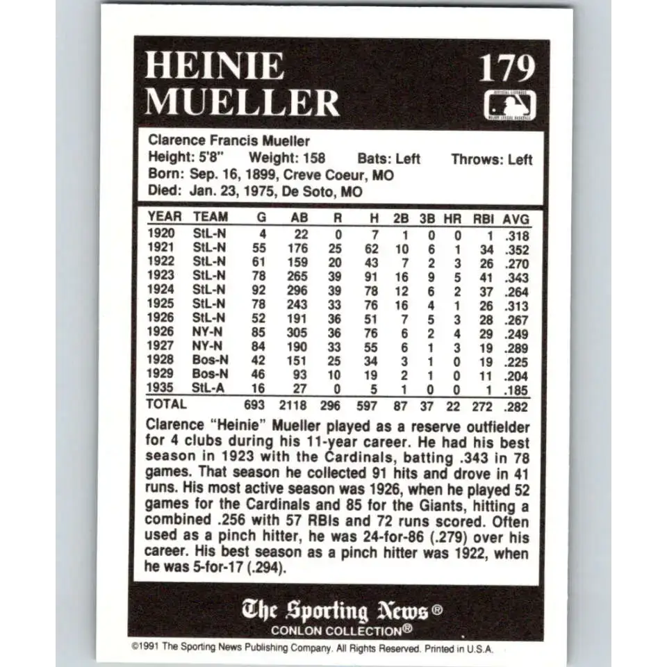 1991 Conlon Collection #179 Heinie Mueller EX Excellent Boston Braves Baseball Card - Baseball Card Single
