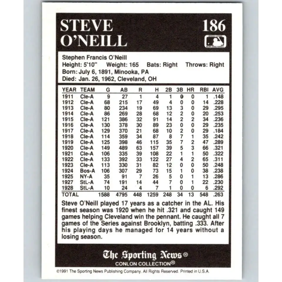 1991 Conlon Collection #186 Steve O’Neill EX Excellent New York Yankees Baseball Card - Baseball Card Single