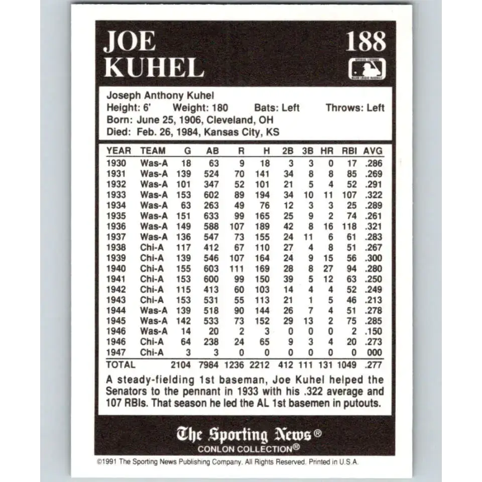 1991 Conlon Collection #188 Joe Kuhel EX Excellent Chicago White Sox Baseball Card - Baseball Card Single