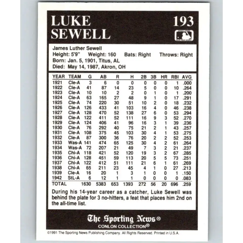 1991 Conlon Collection #193 Luke Sewell EX Excellent Cleveland Indians Baseball Card - Baseball Card Single