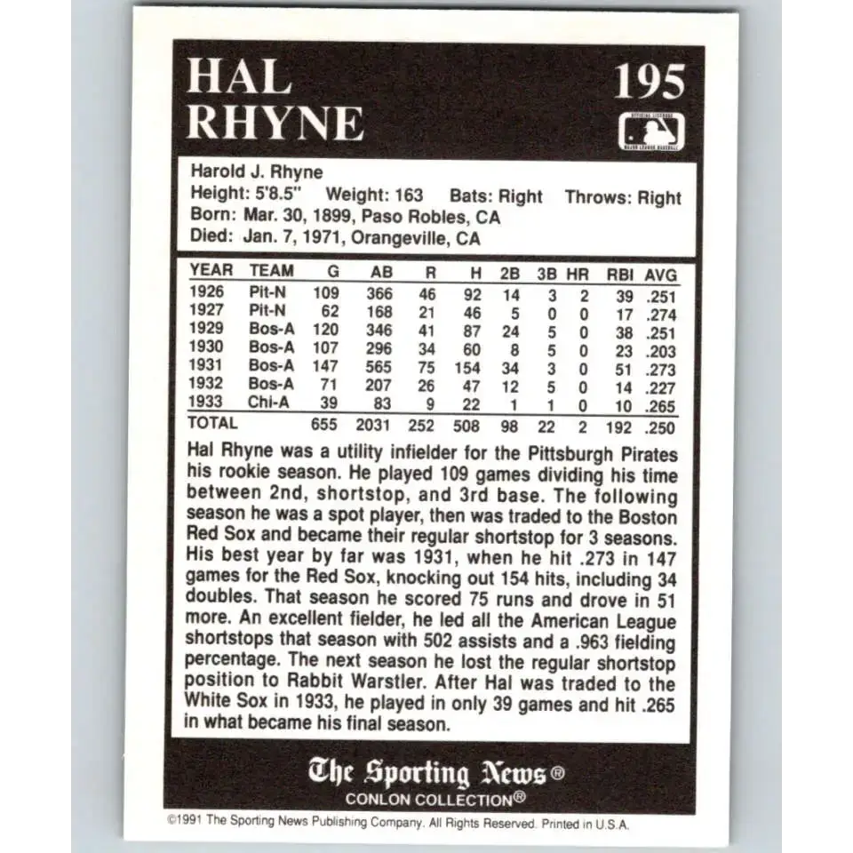 1991 Conlon Collection #195 Hal Rhyne EX Excellent Boston Red Sox Baseball Card - Baseball Card Single