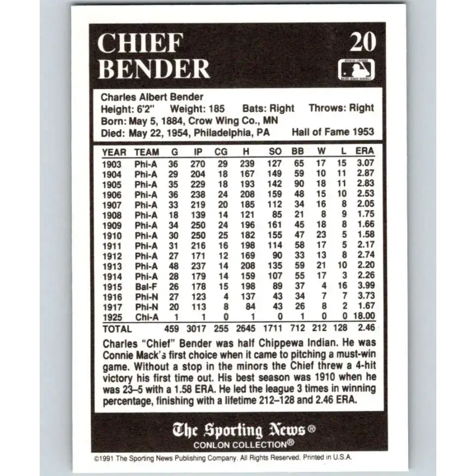 1991 Conlon Collection #20 Chief Bender EX Excellent Chicago White Sox Baseball Card - Baseball Card Single