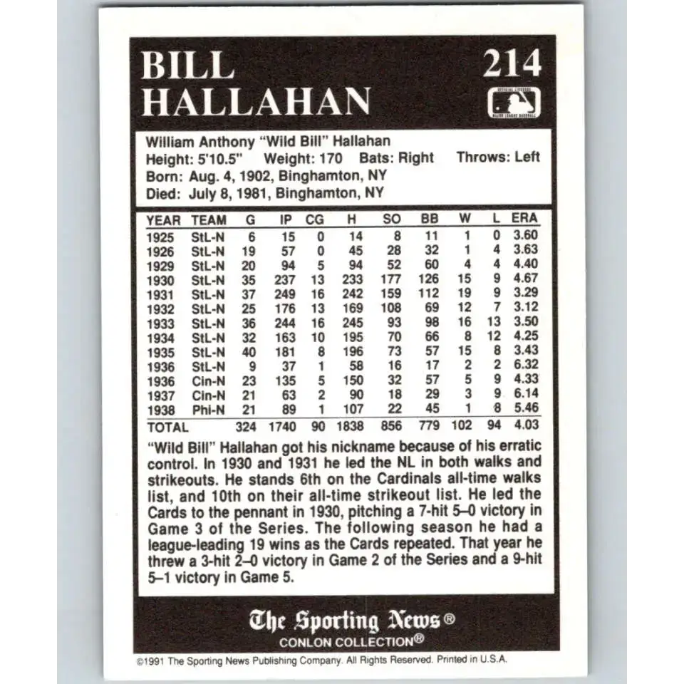 1991 Conlon Collection #214 Bill Hallahan EX Excellent Cincinnati Reds Baseball Card - Baseball Card Single