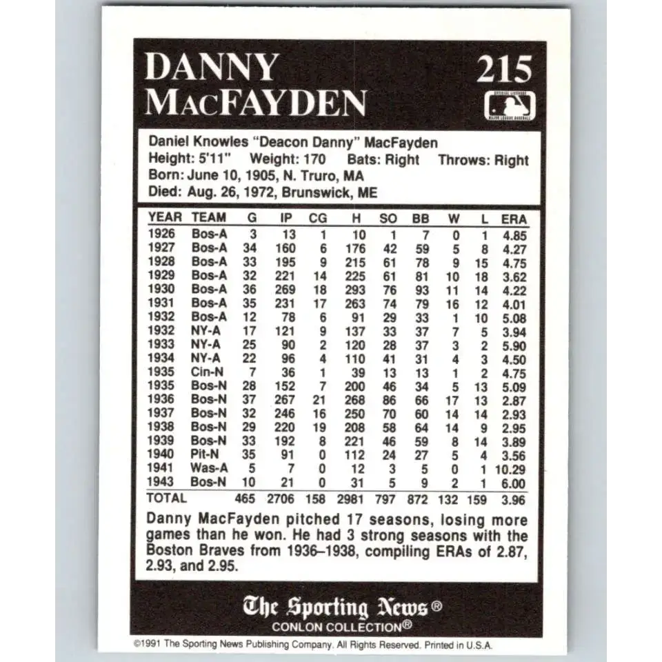 1991 Conlon Collection #215 Danny MacFayden EX Excellent Boston Braves Baseball Card - Baseball Card Single