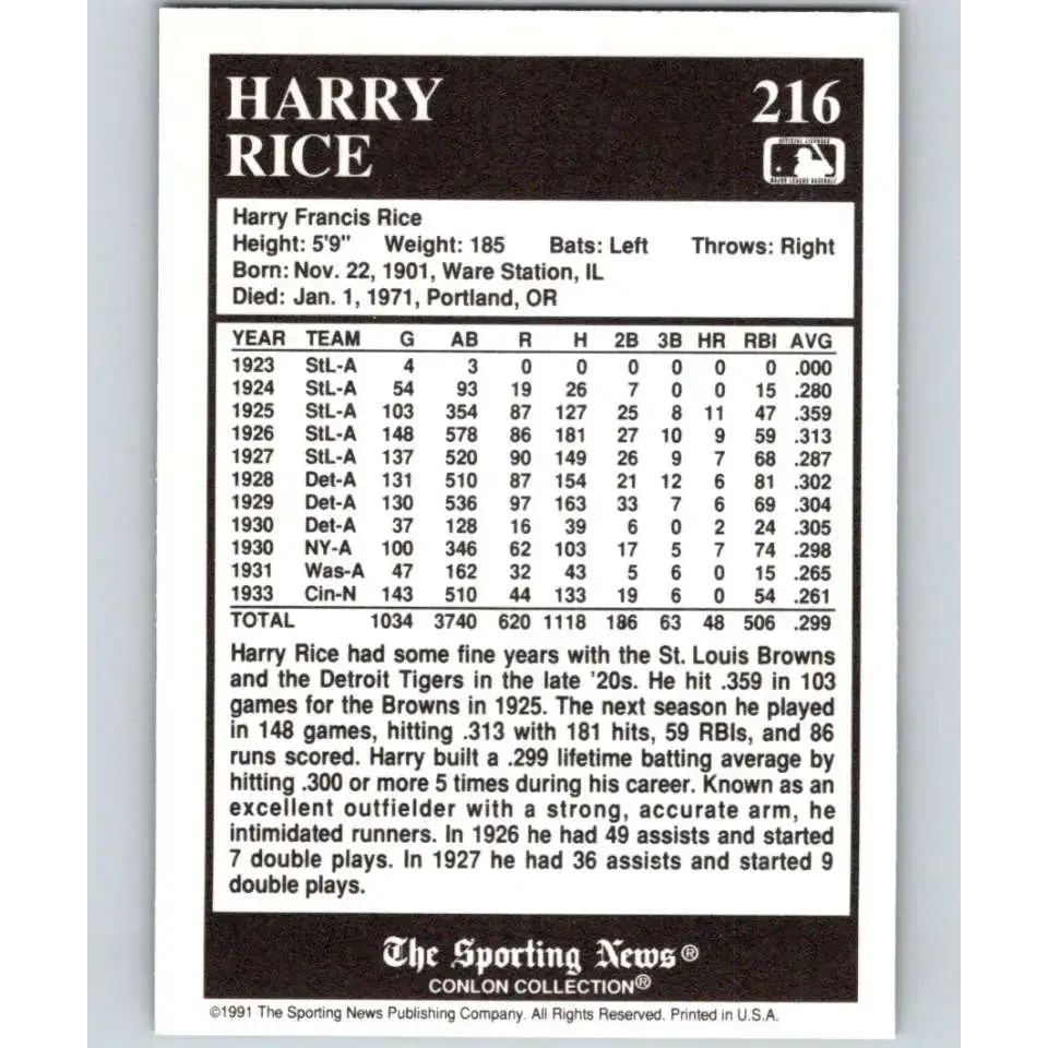 1991 Conlon Collection #216 Harry Rice EX Excellent Detroit Tigers Baseball Card - Baseball Card Single