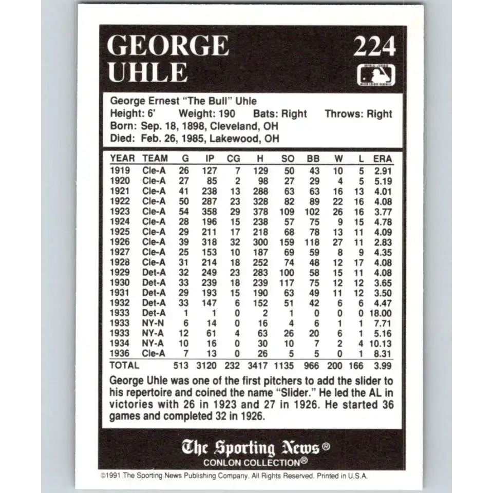 1991 Conlon Collection #224 George Uhle EX Excellent Cleveland Indians Baseball Card - Baseball Card Single