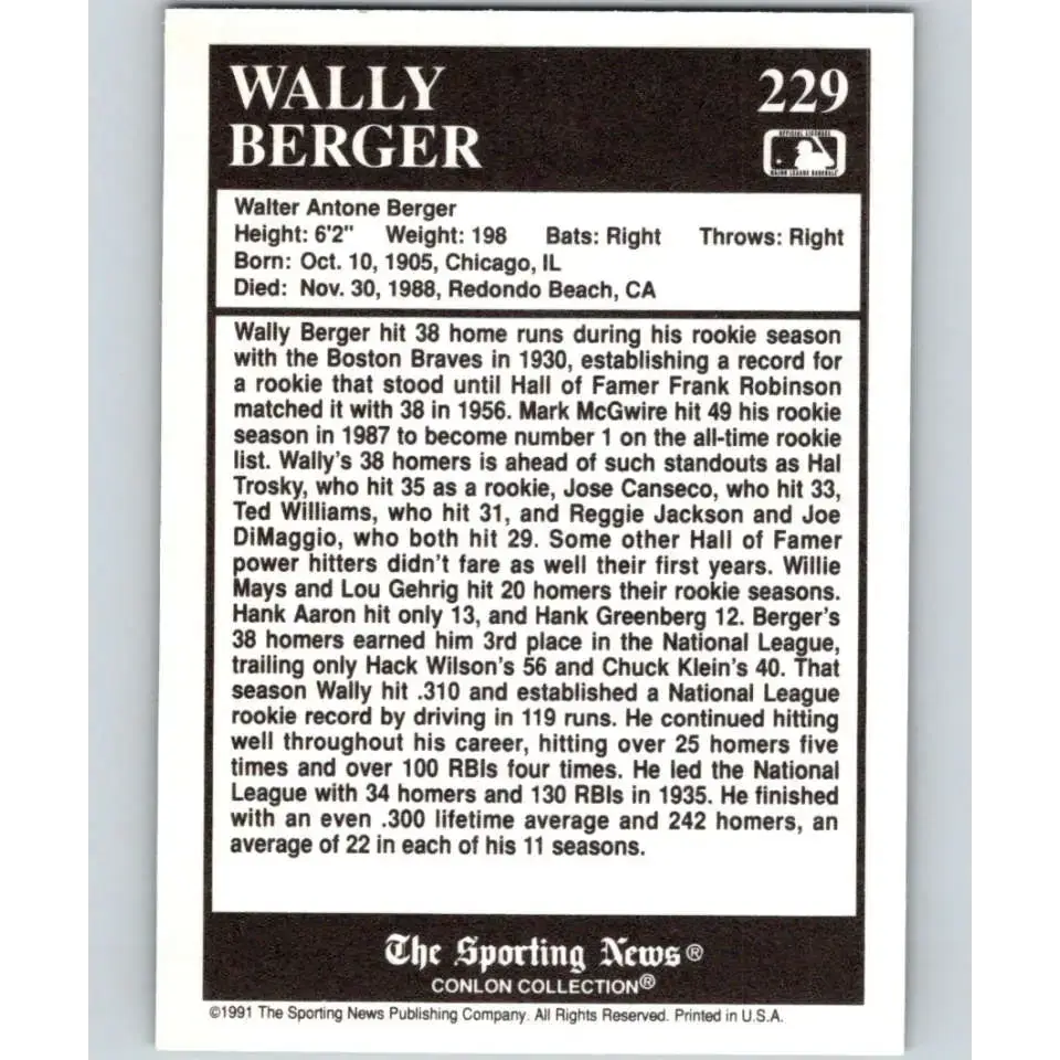 1991 Conlon Collection #229 Wally Berger EX Excellent Boston Braves Baseball Card - Baseball Card Single