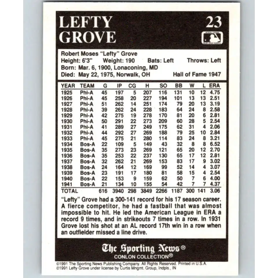 1991 Conlon Collection #23 Lefty Grove EX Excellent Philadelphia Athletics Baseball Card - Baseball Card Single