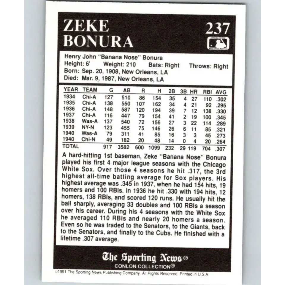 1991 Conlon Collection #237 Zeke Bonura EX Excellent Chicago White Sox Baseball Card - Baseball Card Single