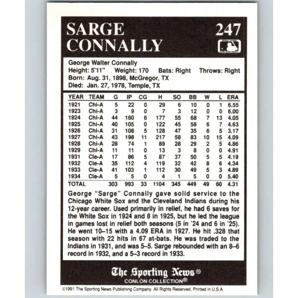 1991 Conlon Collection #247 Sarge Connally EX Excellent Cleveland Indians Baseball Card - Baseball Card Single