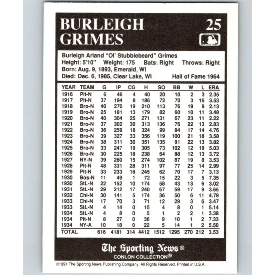 1991 Conlon Collection #25 Burleigh Grimes EX Excellent Pittsburgh Pirates Baseball Card - Baseball Card Single