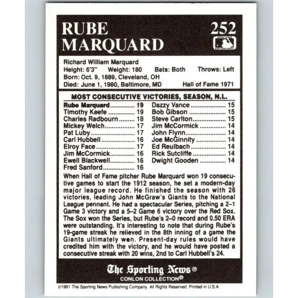 1991 Conlon Collection #252 Rube Marquard EX Excellent New York Giants Baseball Card - Baseball Card Single