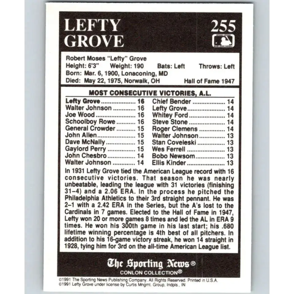 1991 Conlon Collection #255 Lefty Grove EX Excellent Philadelphia Athletics Baseball Card - Baseball Card Single