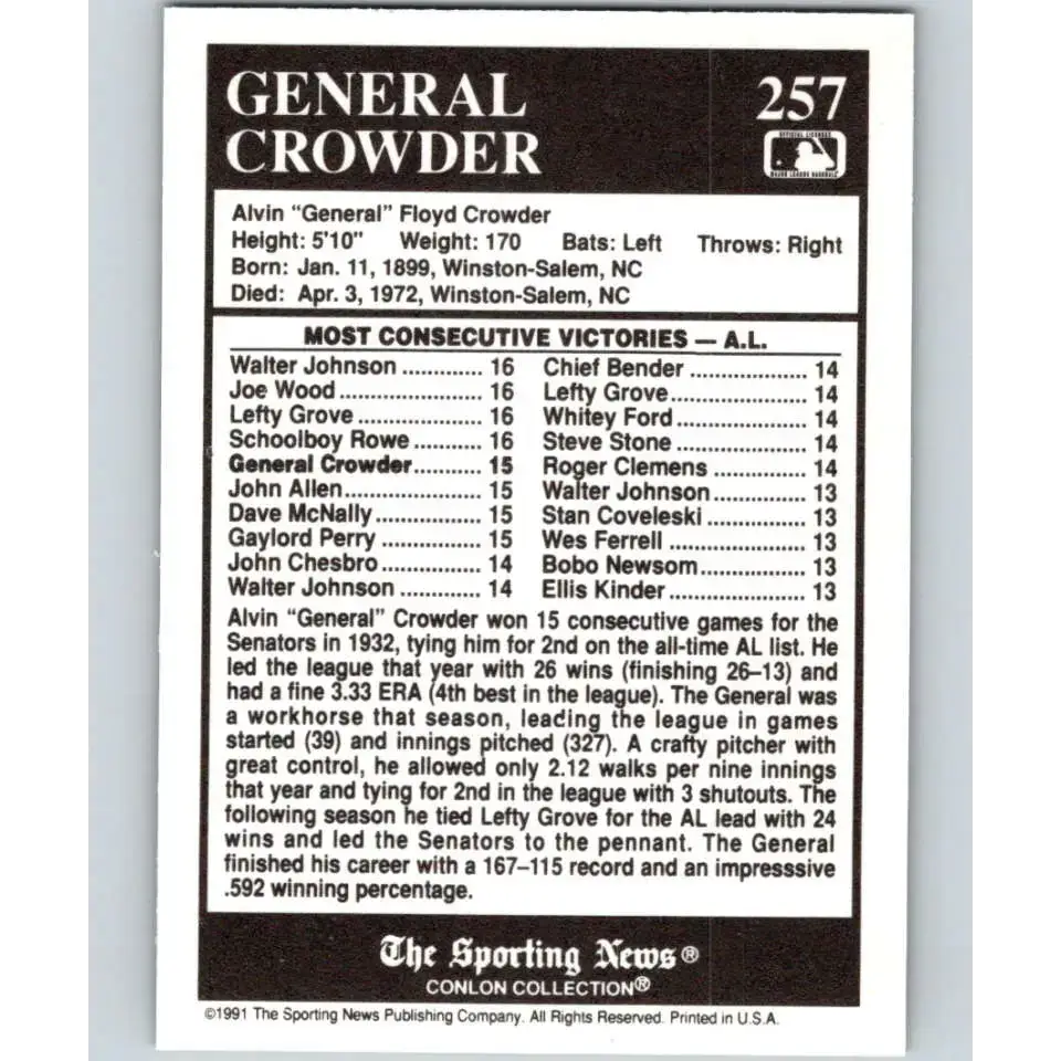 1991 Conlon Collection #257 General Crowder EX Excellent Washington Senators Baseball Card - Baseball Card Single