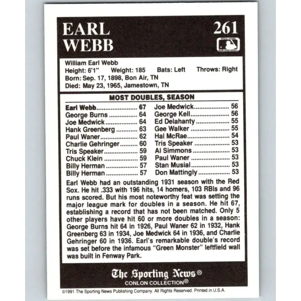 1991 Conlon Collection #261 Earl Webb EX Excellent Boston Red Sox Baseball Card - Baseball Card Single